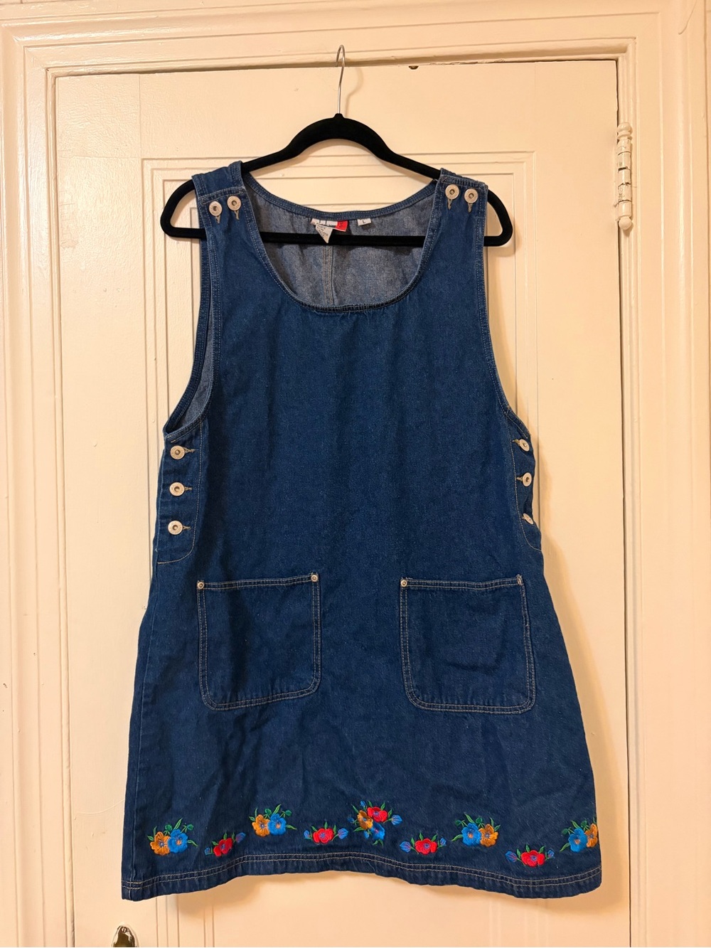 Blue Denim Pinafore Dress with Floral Embroidery 100% cotton